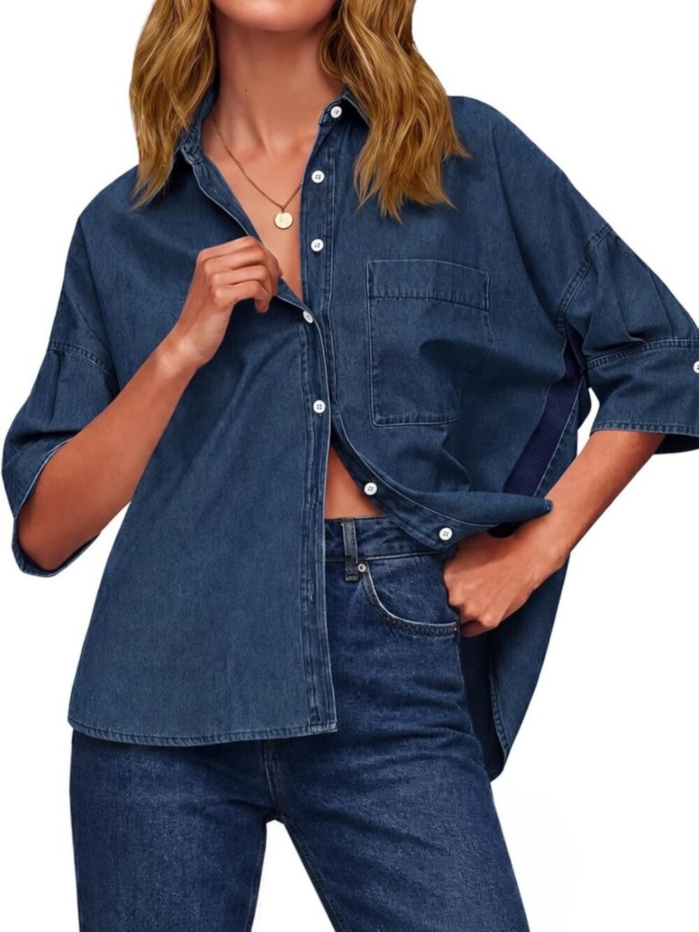 Oversized Half Sleeve Denim Jacket for Women - Stylish Button Down Jean Shirt